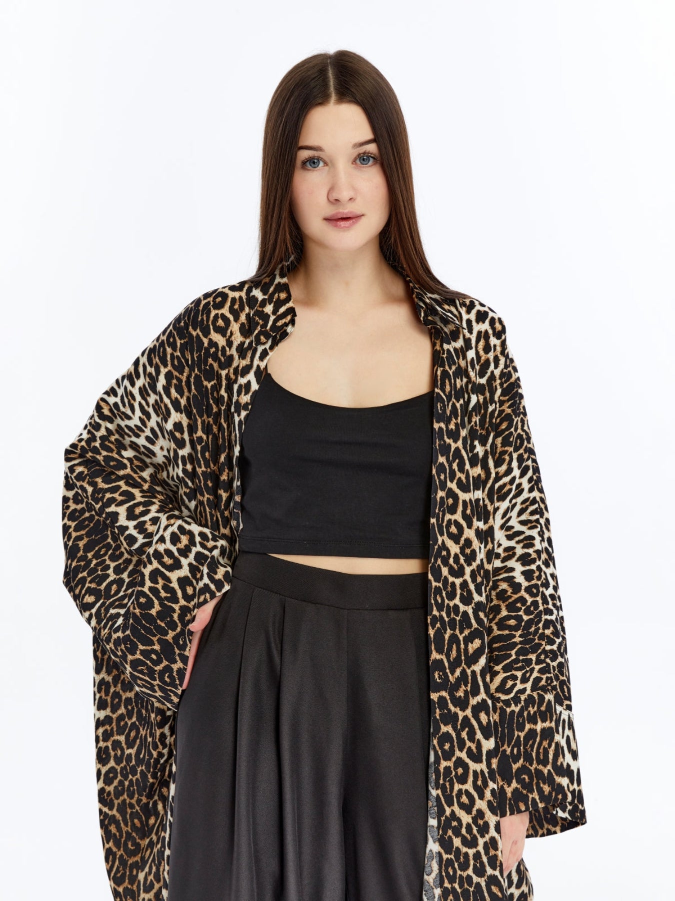Kadın Leopar Desenli Gömlek Kaftan / Kimono