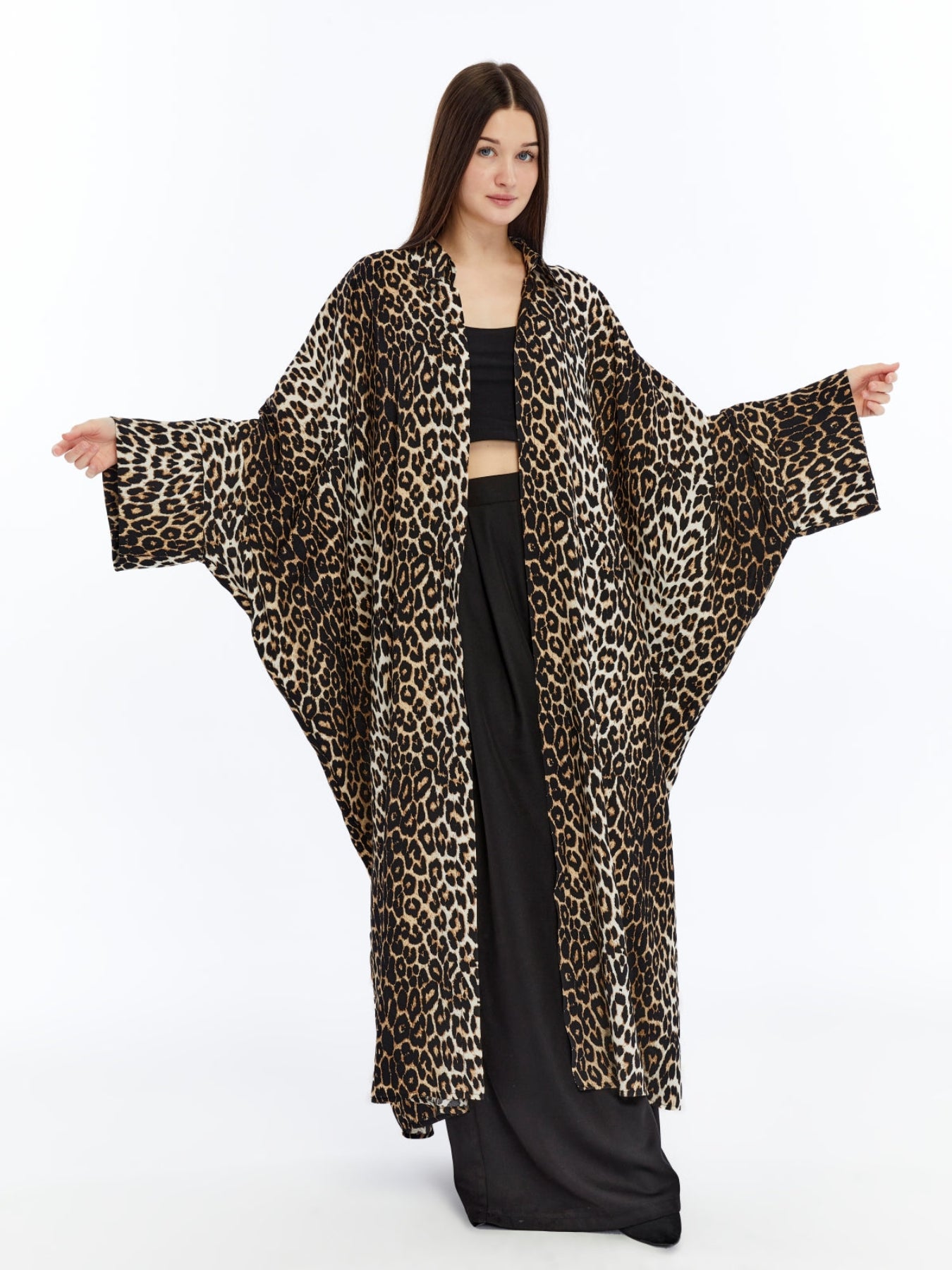 Kadın Leopar Desenli Gömlek Kaftan / Kimono