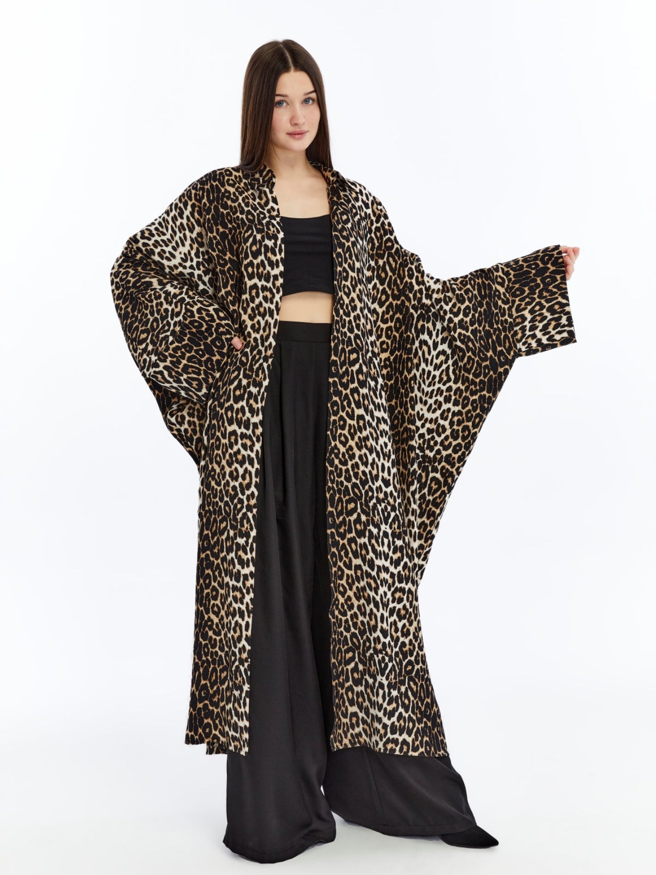 Kadın Leopar Desenli Gömlek Kaftan / Kimono