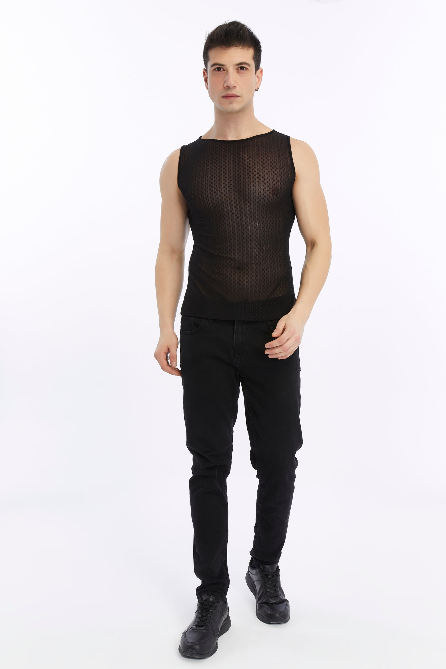 Erkek Siyah Renkli Transparan Kumaş Puantiye Detaylı Sıfır Kol Tank Top
