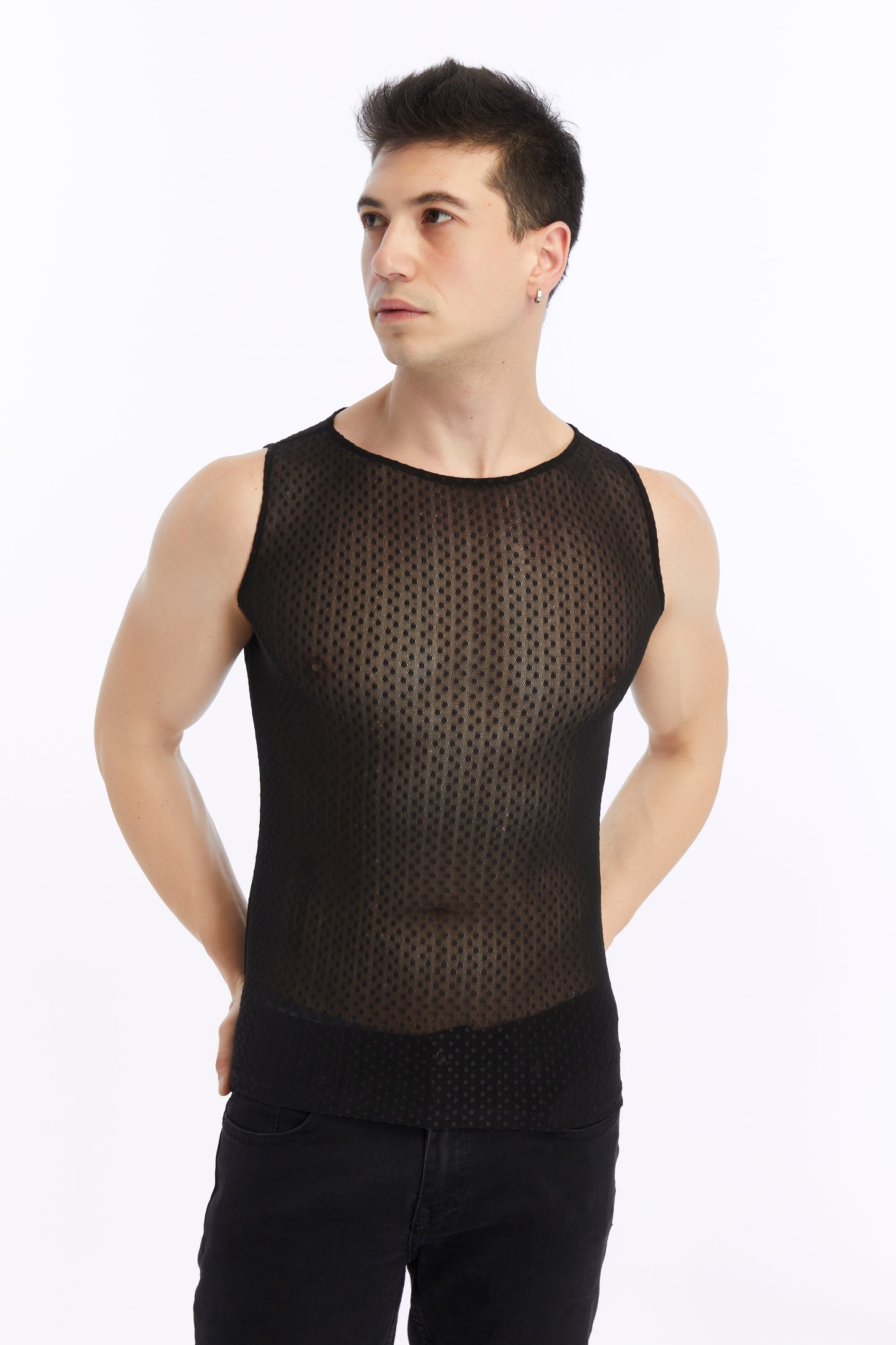 Erkek Siyah Renkli Transparan Kumaş Puantiye Detaylı Sıfır Kol Tank Top