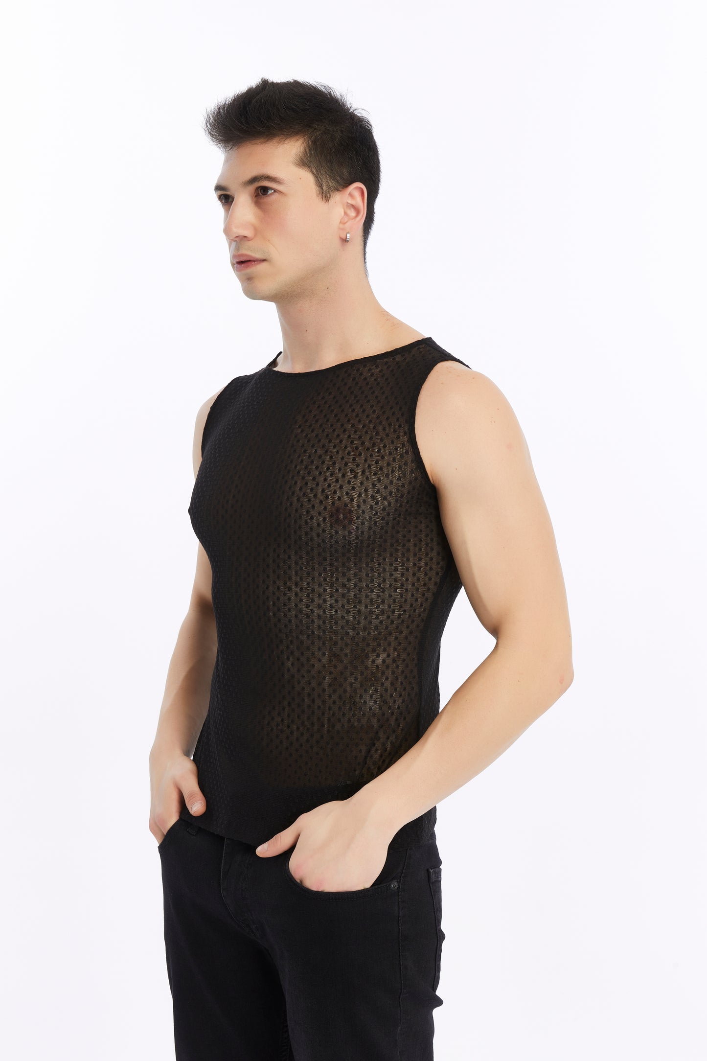 Erkek Siyah Renkli Transparan Kumaş Puantiye Detaylı Sıfır Kol Tank Top