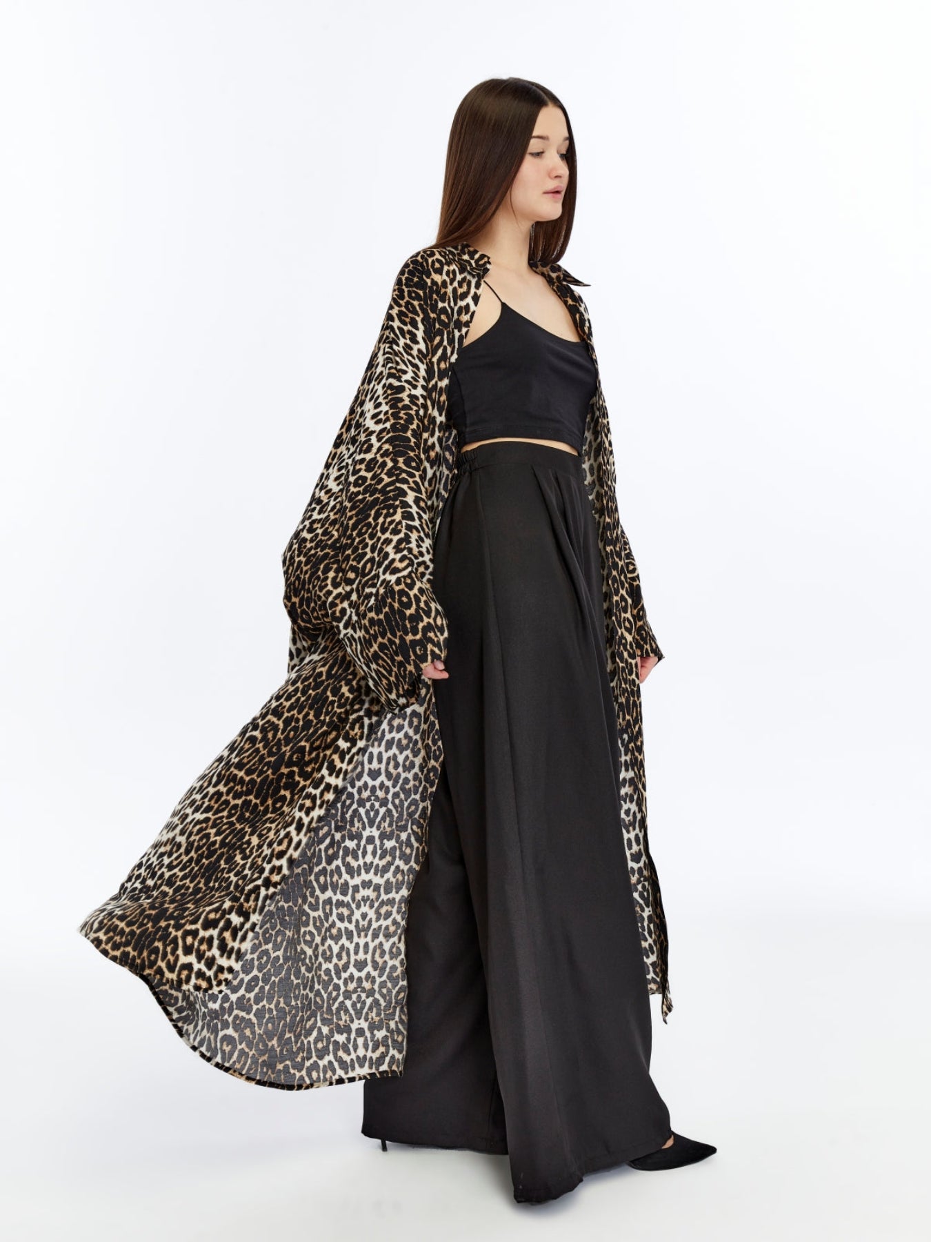 Kadın Leopar Desenli Gömlek Kaftan / Kimono
