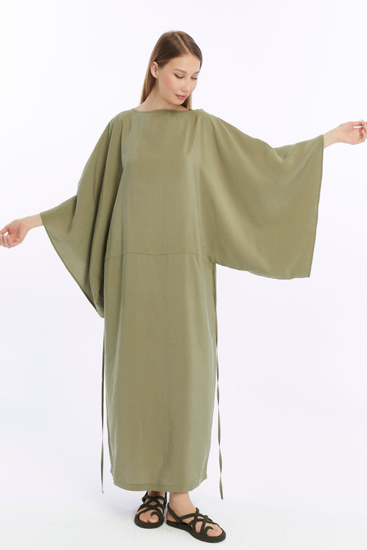 Kadın Haki Yeşili Renkli Beli Bağlamalı Salaş Kimono Elbise