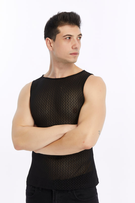 Erkek Siyah Renkli Transparan Kumaş Puantiye Detaylı Sıfır Kol Tank Top